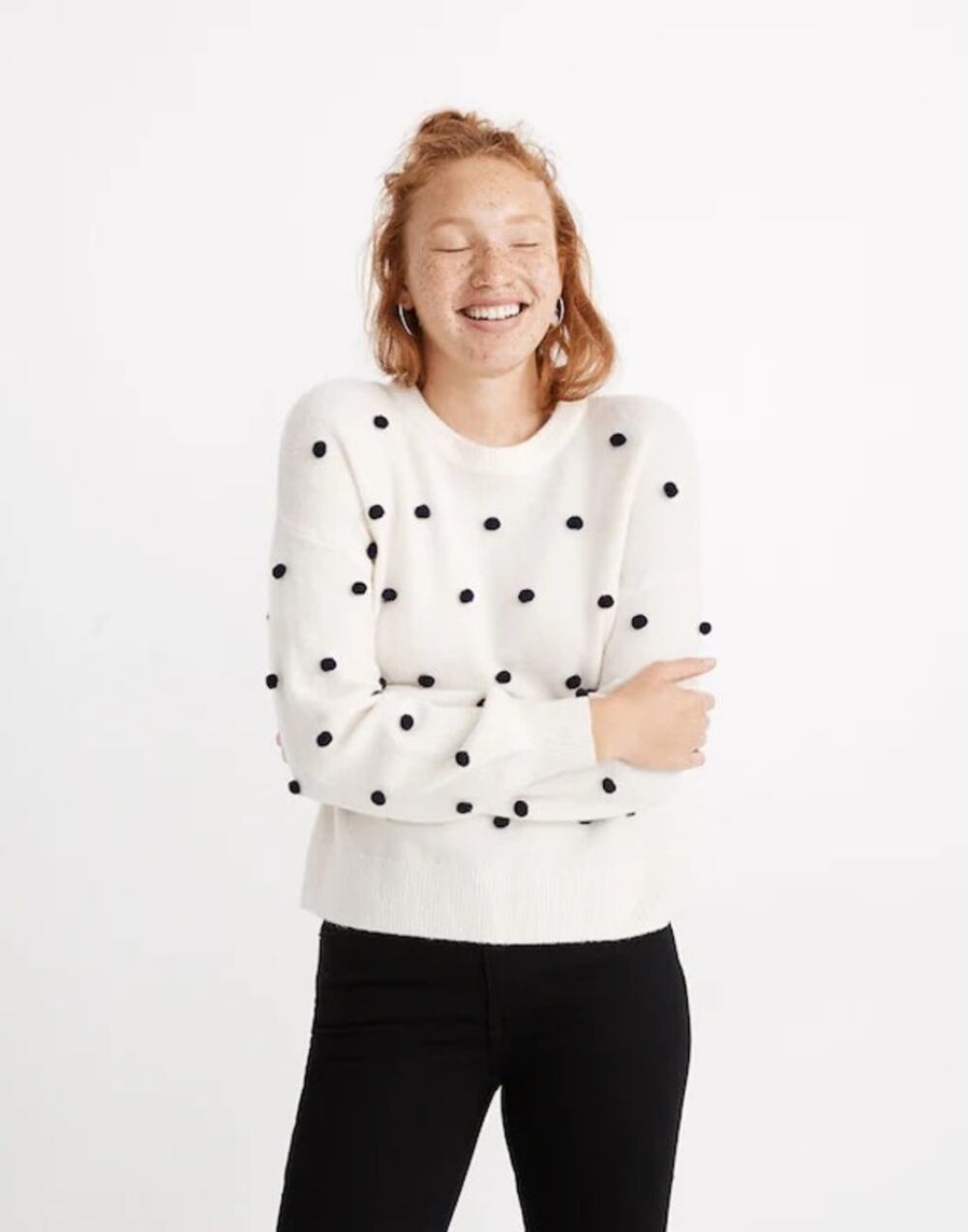 Madewell Brockton Bobble Sweater in Coziest Yarn Cream/Black Polka Dot SZ M